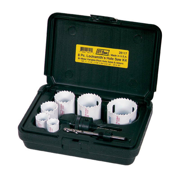 IVY Classic 8-Piece Hole Saw Kit for Locksmiths, designed for precision drilling and efficient lock installations in wood and metal.